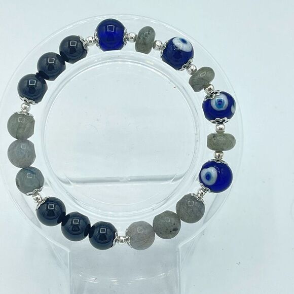 Crystal beaded stretch bracelet ONE NEW evil eye silver obsidian labradorite rei - Picture 9 of 12